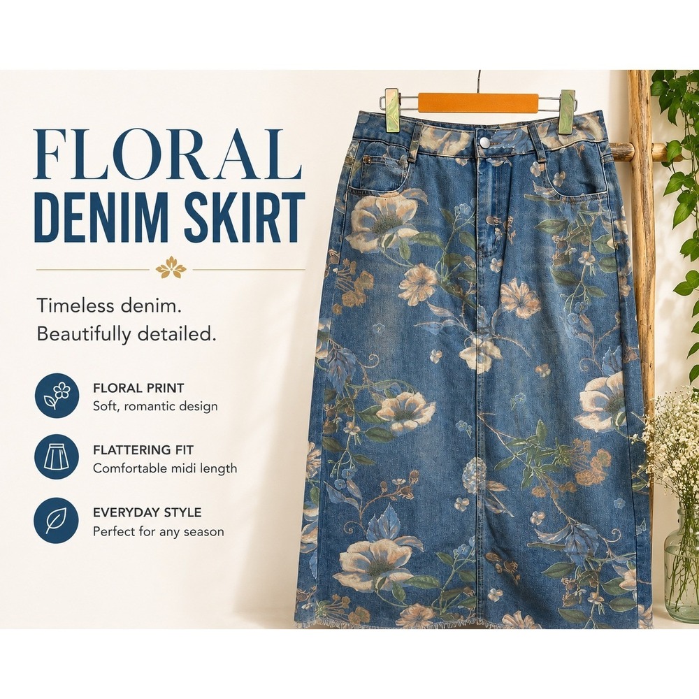 Unbranded Floral Denim Midi Skirt Blue Botanical Print Frayed Hem Womens‎ Large